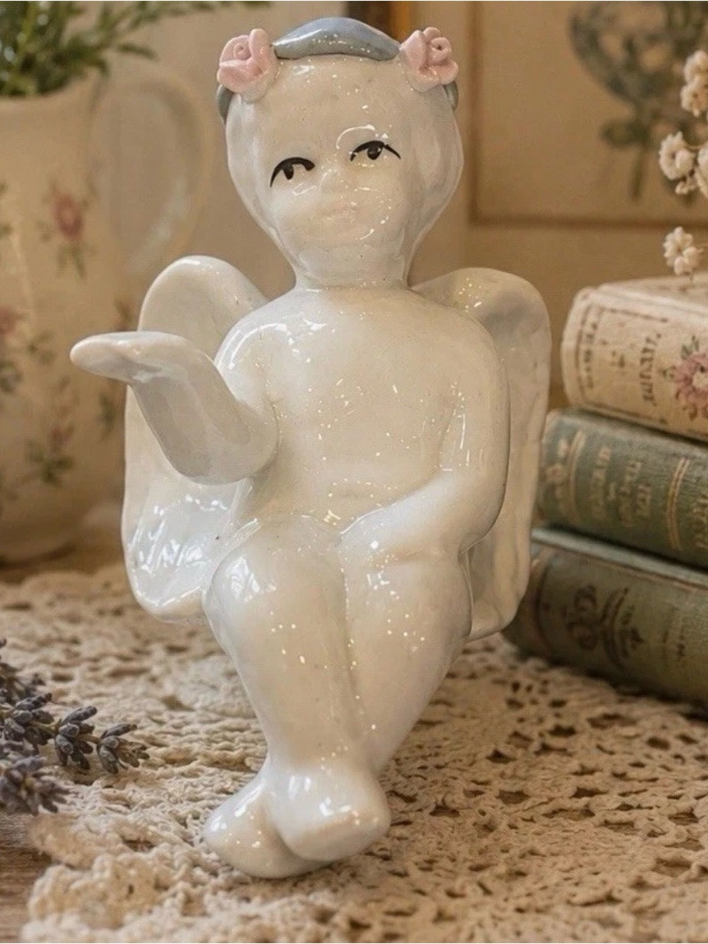 Vintage Cottage Shabby Chic Grannycore Porcelain Cherub Angel Shelf Sitter